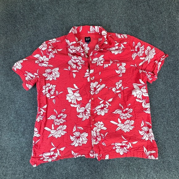 GAP Other - Gap Seersucker Shirt Mens 2XL Red White Floral Cotton Short Sleeve Button Up